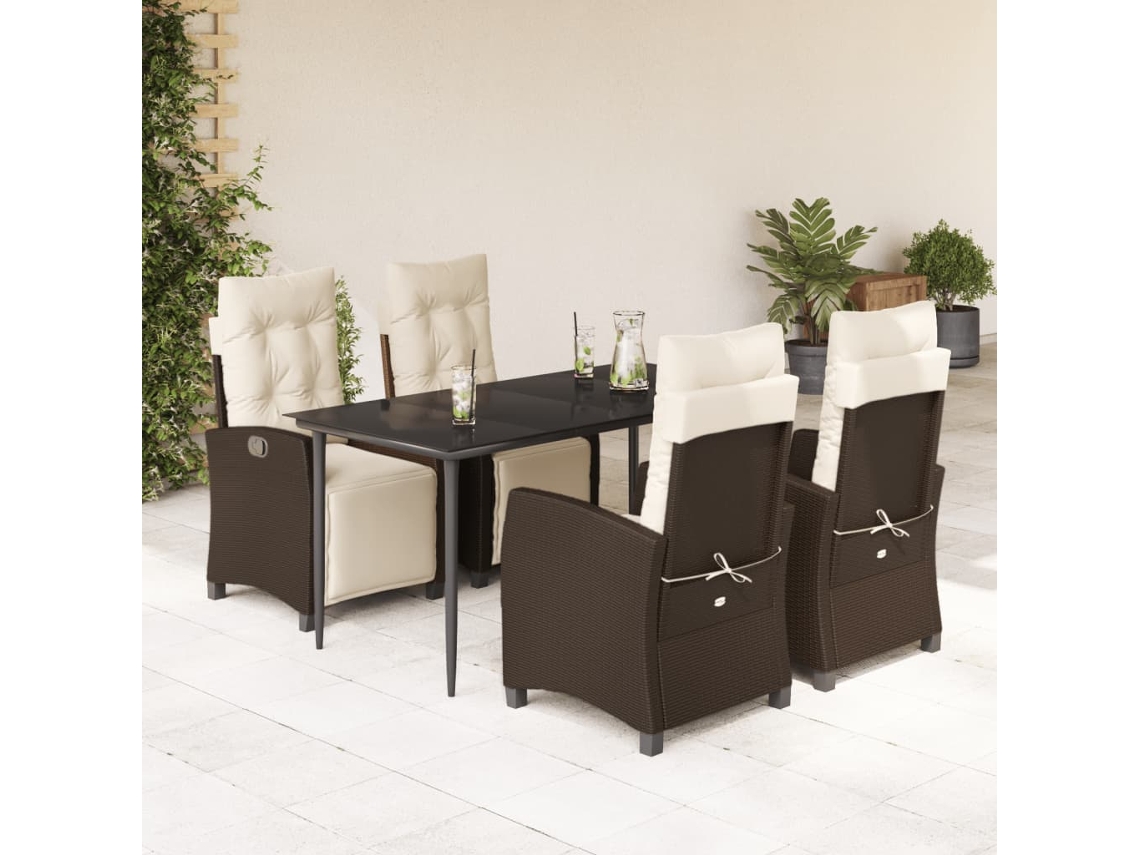 Vidaxl 5 Pcs Conjunto Jantar P/ Jardim C/ Almofadões Vime Pe Castanho