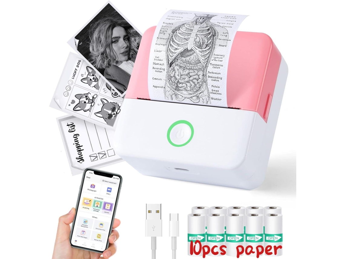 Mini Impressora Térmica Portátil, Sem Fios Com Fita, Compatível Com Ios E Android, Rosa