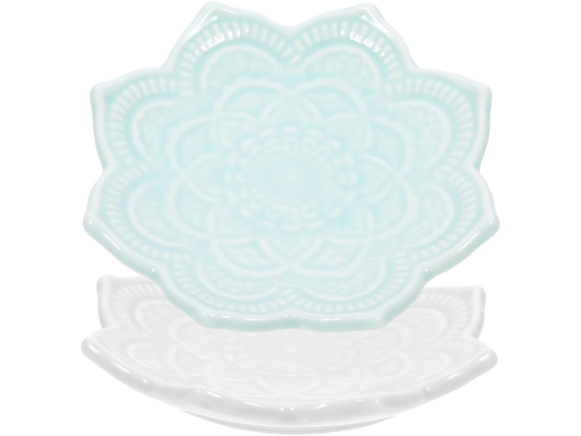 Bandeja Decorativa De Cerâmica Em Formato De Mandala Com 2 Peças, Organizador Branco E Azul Celeste.