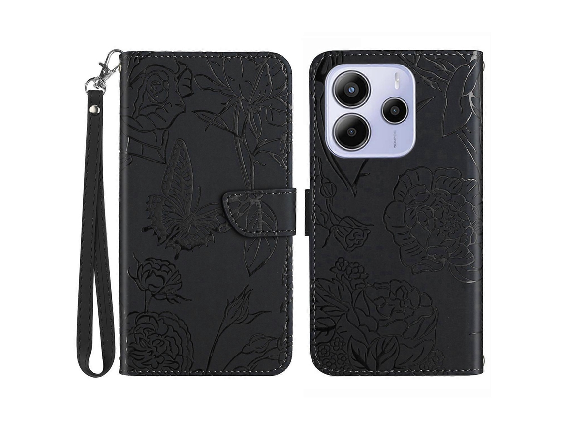 Capa De Couro Com Estampa De Flor De Borboleta E Alça Para Xiaomi Redmi Note 14 4g (164,84 Mm) Preta