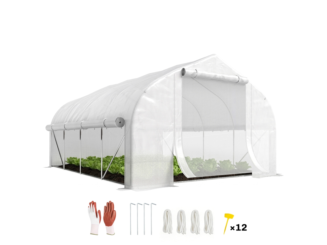 Estufa Tipo Túnel 395x300x200 Cm com Porta de Malha e 8 Janelas Estufa de Jardim com Cobertura de Pe Branco Ge