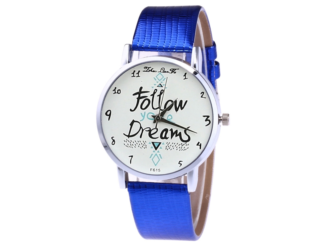 Relógio de quartzo unissex com pulseira de couro PU, letras, mostrador azul, Zhoulianfa