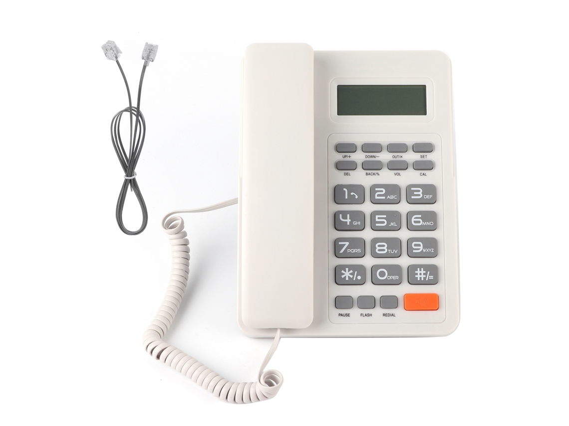 Telefone Fixo Mali com Fio para Hotel e Casa, Display Inglês, Branco