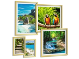 Galeria De Pinturas Murais Paisagem De Primavera, Rio E Prado Moldura Dourada Quadros Para O Escritório Espelharte (conjunto De 5 Imagens)