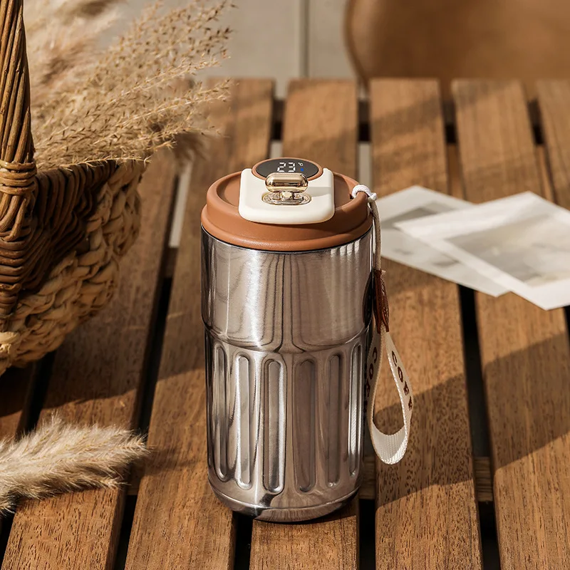 (Prata 450ml) Garrafa térmica de aço inoxidável de 450ml com visor de temperatura LED, mantém a temperatura ideal para água quente e fria.