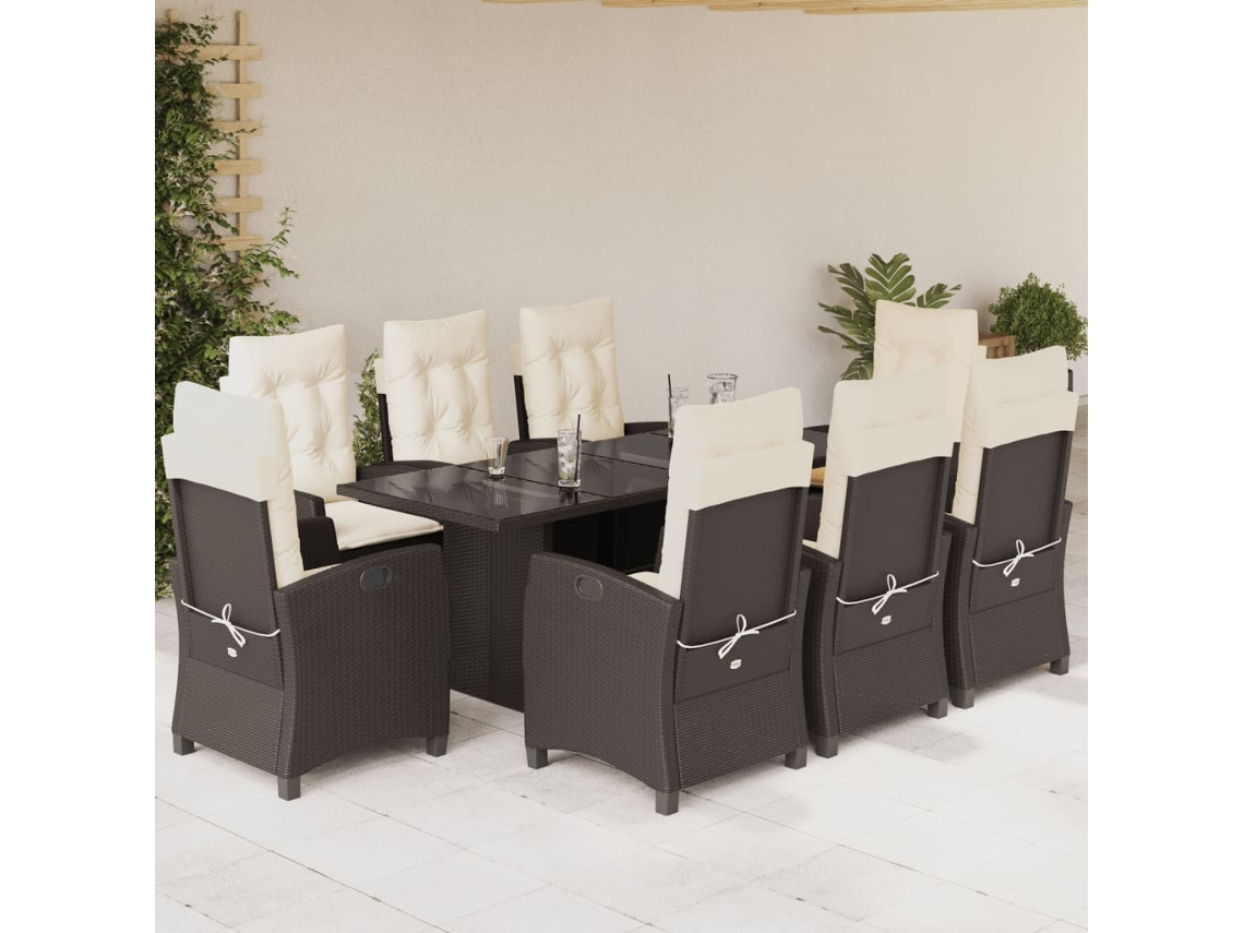 Vidaxl 9 Pcs Conjunto Jantar P/ Jardim C/ Almofadões Vime Pe Castanho
