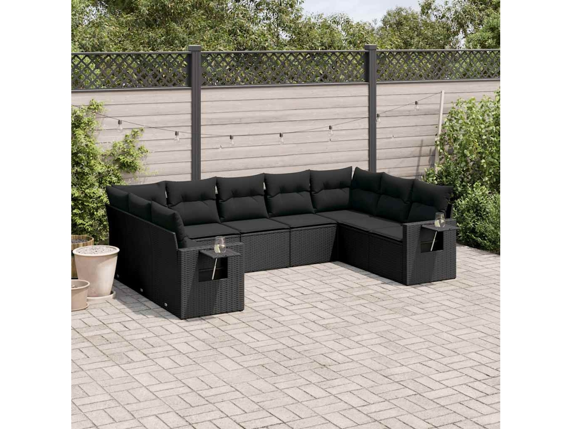 Vidaxl 9 Pcs Conjunto de Sofás P/ Jardim C/ Almofadões Vime Pe Preto