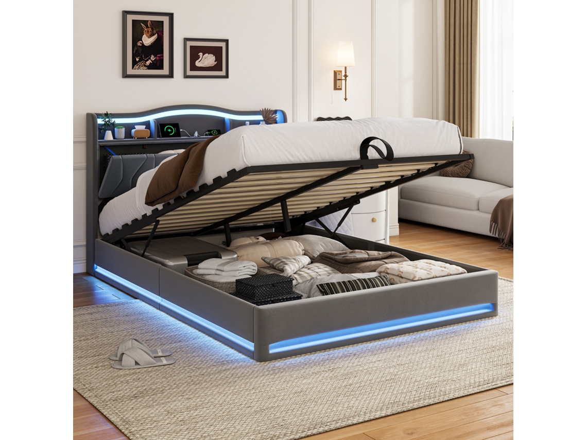 Cama De Casal 160x200 Cm, Cama Estofada, Usb Tipo C,luzes Led, Com Caixa De Armazenamento, Tecido De Veludo Cinza