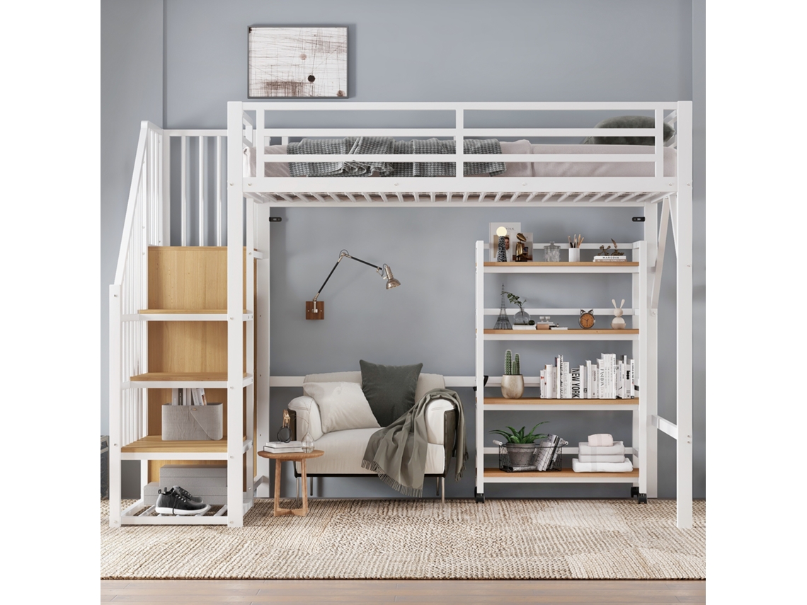 Cama De Ferro Beliche, Estante 4 Andares Com Rodízios, Grade, Armário Canto Com Escada E Cabideiro, Ferro+mdf, Branco+natural, 90x200cm.