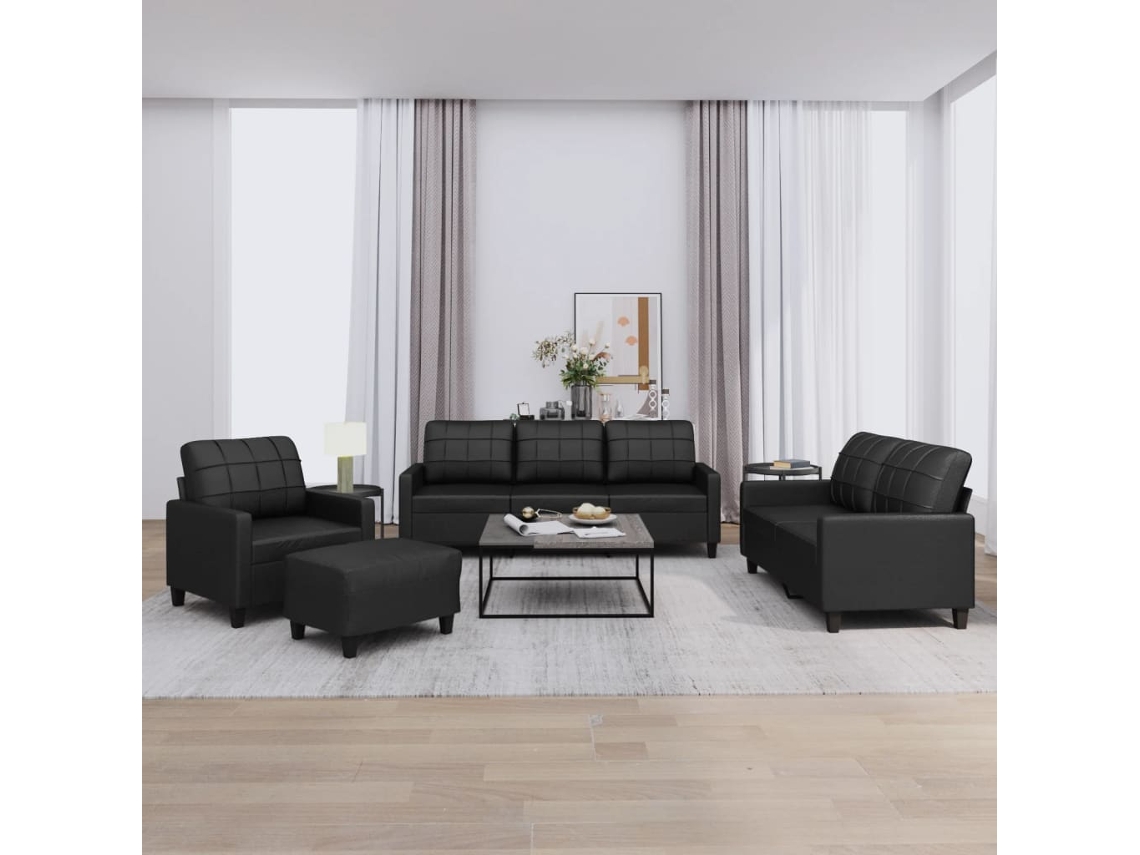 Vidaxl 4 Pcs Conjunto De Sofás Com Almofadões Couro Artificial Preto