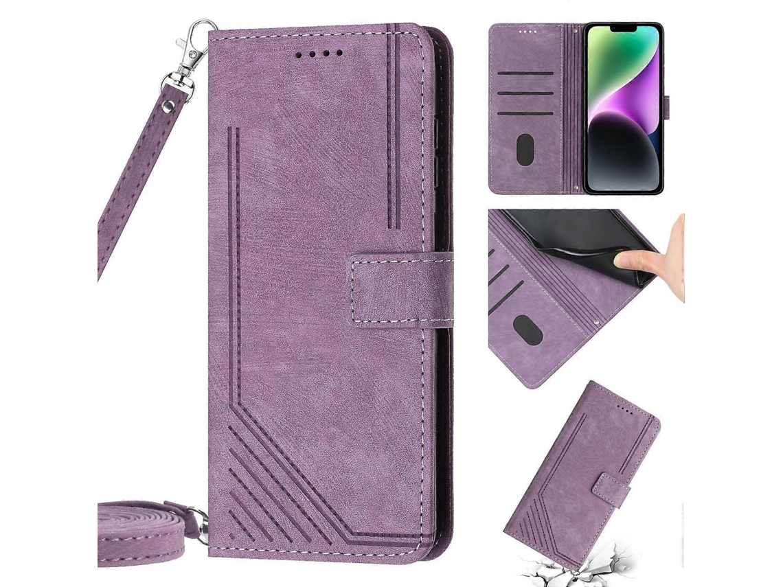 Capa De Couro Com Estampa Listrada E Cordão Para Iphone 13 Pro, Roxa