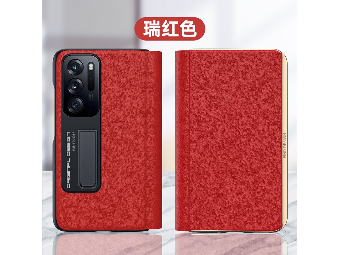 Capa Protetora Dobrável Ultrafina Com Suporte, Em Couro Genuíno (detalhes Em Vermelho E Dourado) Para Oppo Find N2.