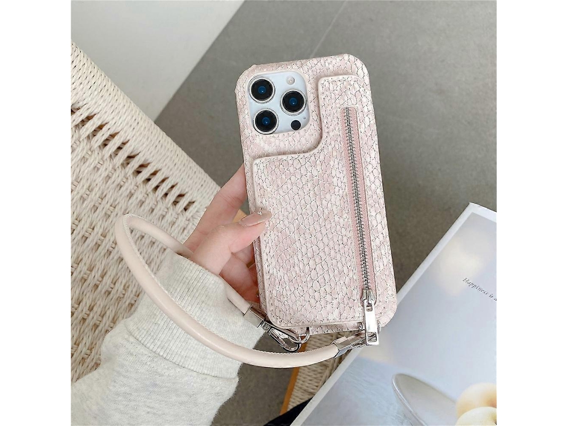 Capa Com Zíper E Porta-cartões Compatível Com Iphone 15 Pro, Textura De Cobra, Pu Capa Traseira De Pc Com Cordão