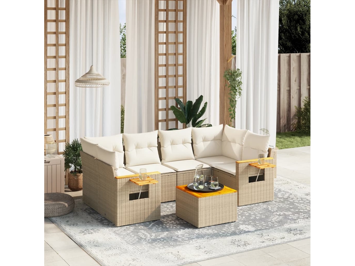 Vidaxl 7 Pcs Conjunto De Sofás P/ Jardim Com Almofadões Vime Pe Bege