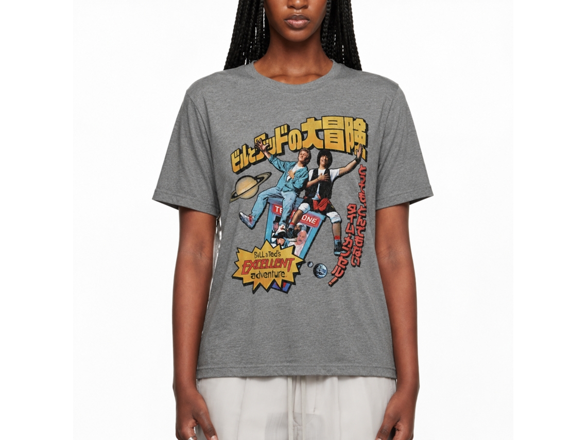 Rockinstone Bill And Ted Swoopy Japanese Text Heather Graphite Adult T-shirt Size:s