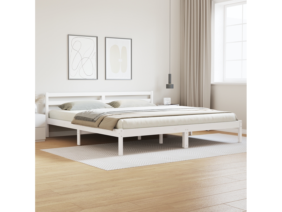 Cama Com Cabeceira Branca 200x220 Cm Madeira Sólida Pinus