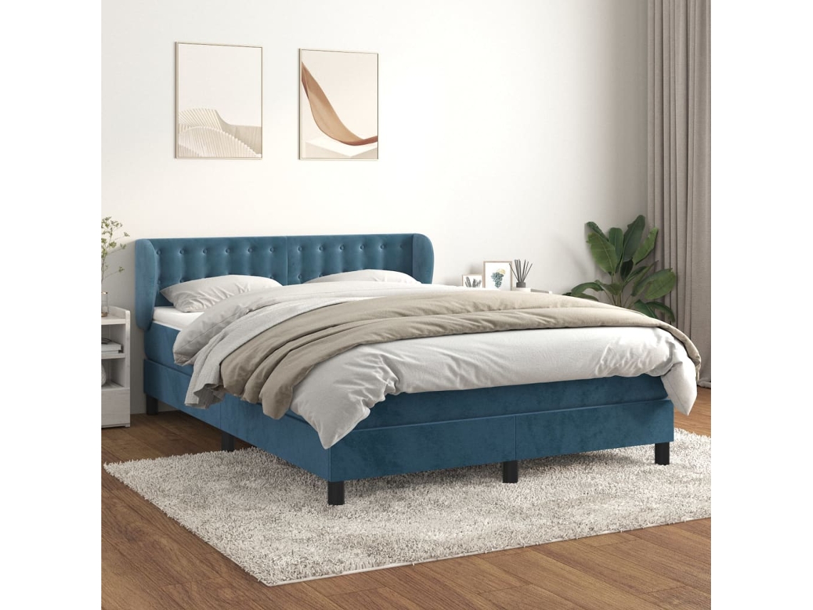Cama Com Molas/colchão 140x200 Cm Veludo Azul-escuro