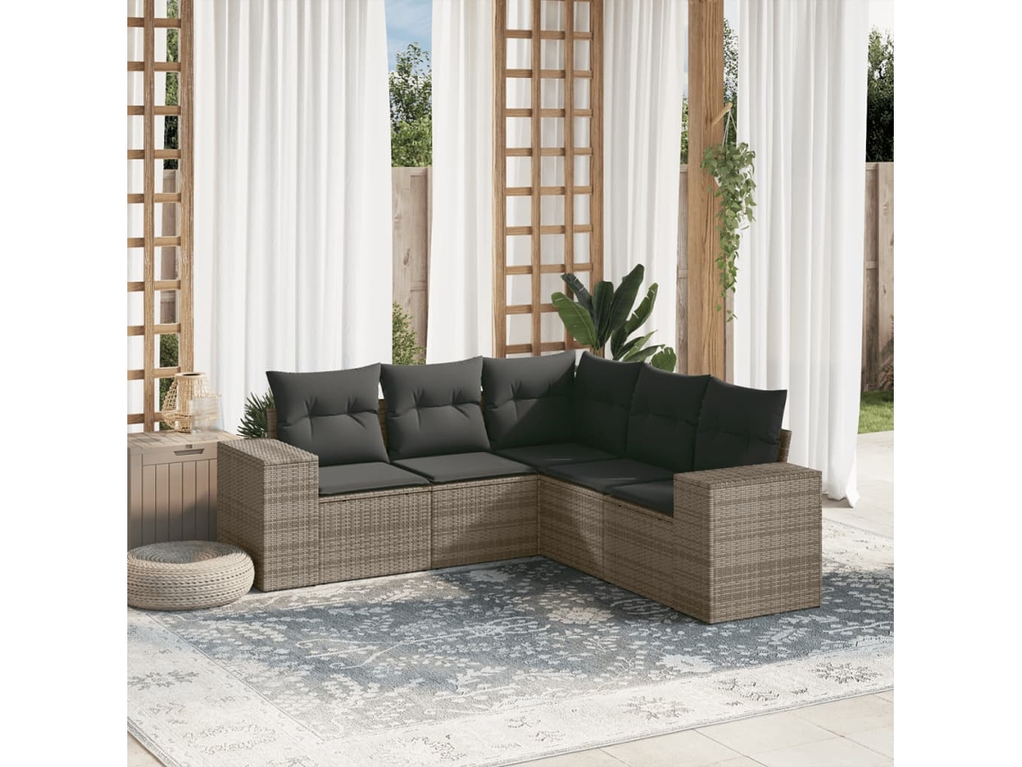 Vidaxl 5 Pcs Conjunto Sofás De Jardim C/ Almofadões Vime Pe Cinzento