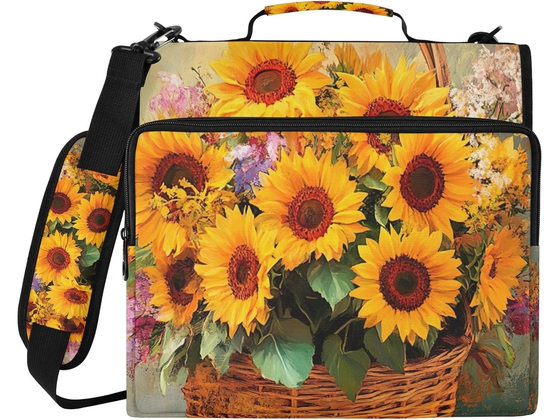 Organizador clássico em formato de girassol, com fecho de zíper resistente à água, compartimento para laptop e suporte com 3 argolas.