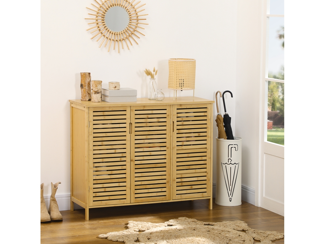 Armário Para Sapatos Em Bambu Natural, 3 Portas Com Prateleiras Ajustáveis, Capacidade Para 16 Pares, Sistema Anti-tombamento, Dimensões 100x35x80 Cm