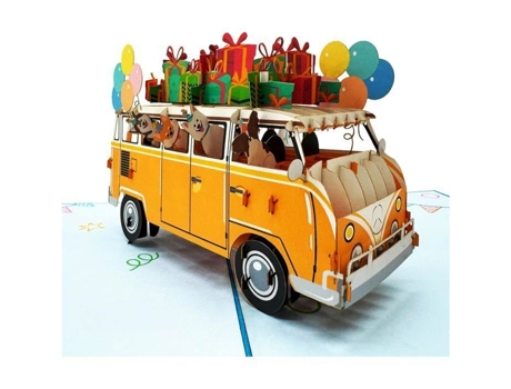 Cartão de aniversário pop-up 3D, ônibus de festa com cachorros, presentes e balões, feito à mão pela Remotech
