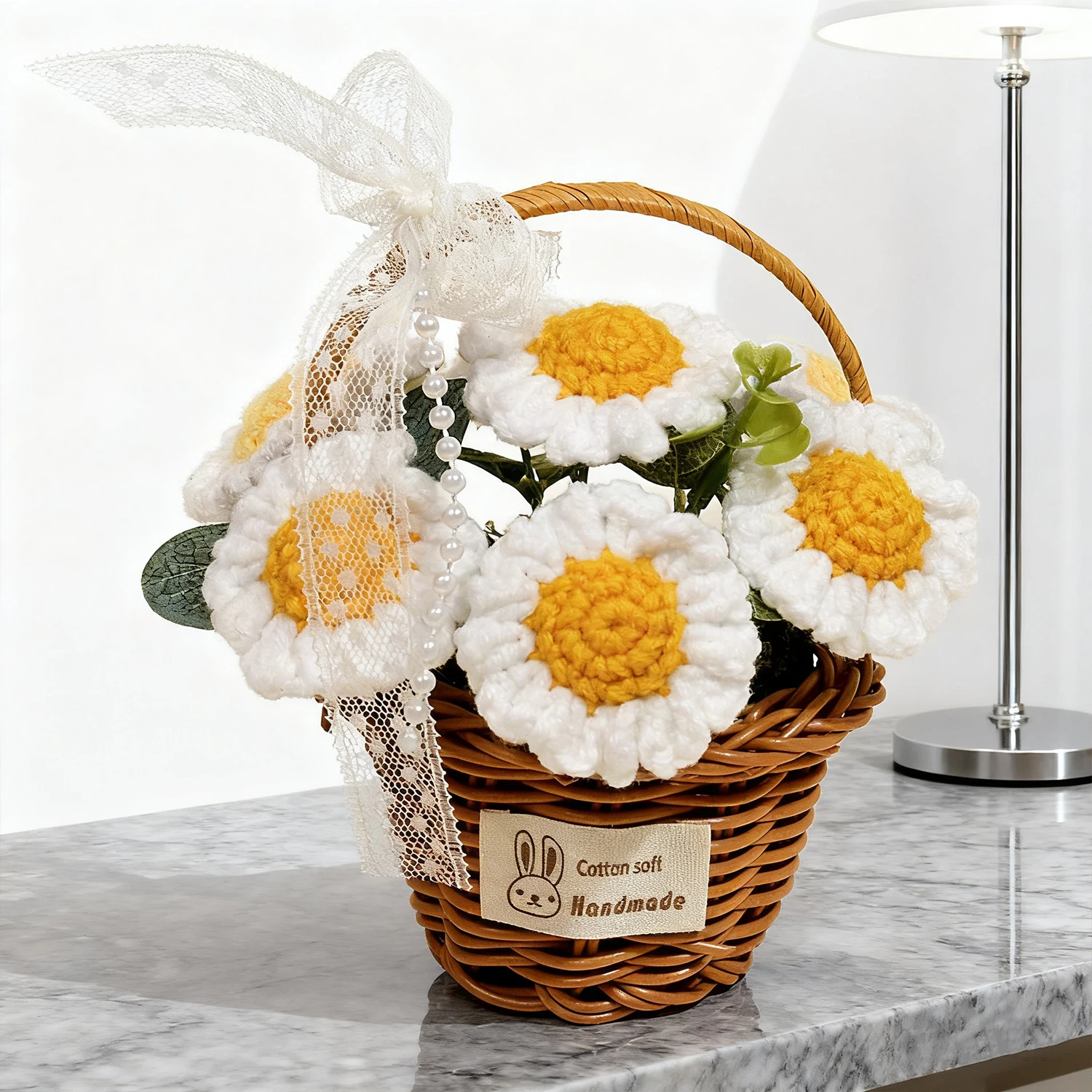 (branco) Buquê Feito À Mão Em Crochê Com Margaridas Brancas Tricotadas, Perfeito Para O Dia De Ação De Graças E Para Decoração De Casa.