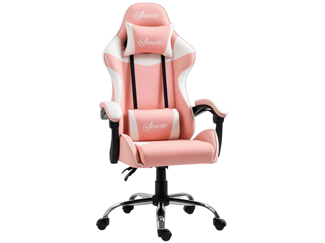 Cadeira gaming ergonômica, ajustável, com apoio de cabeça e lombar, 63x67x122/130cm rosa e branco