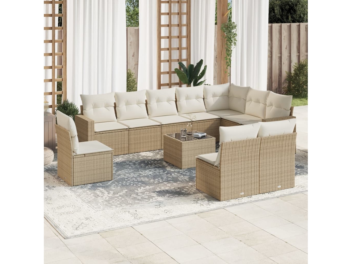 Vidaxl 11 Pcs Conjunto Sofás De Jardim C/ Almofadões Vime Pe Bege