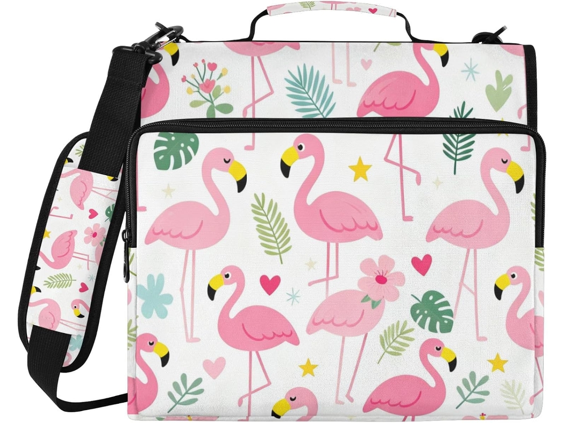 Pasta Organizadora De Documentos Com Fecho 3 Argolas E Alça, Com Estampa De Flamingo Rosa 3, 8cm 1, 5 Polegadas, Fácil