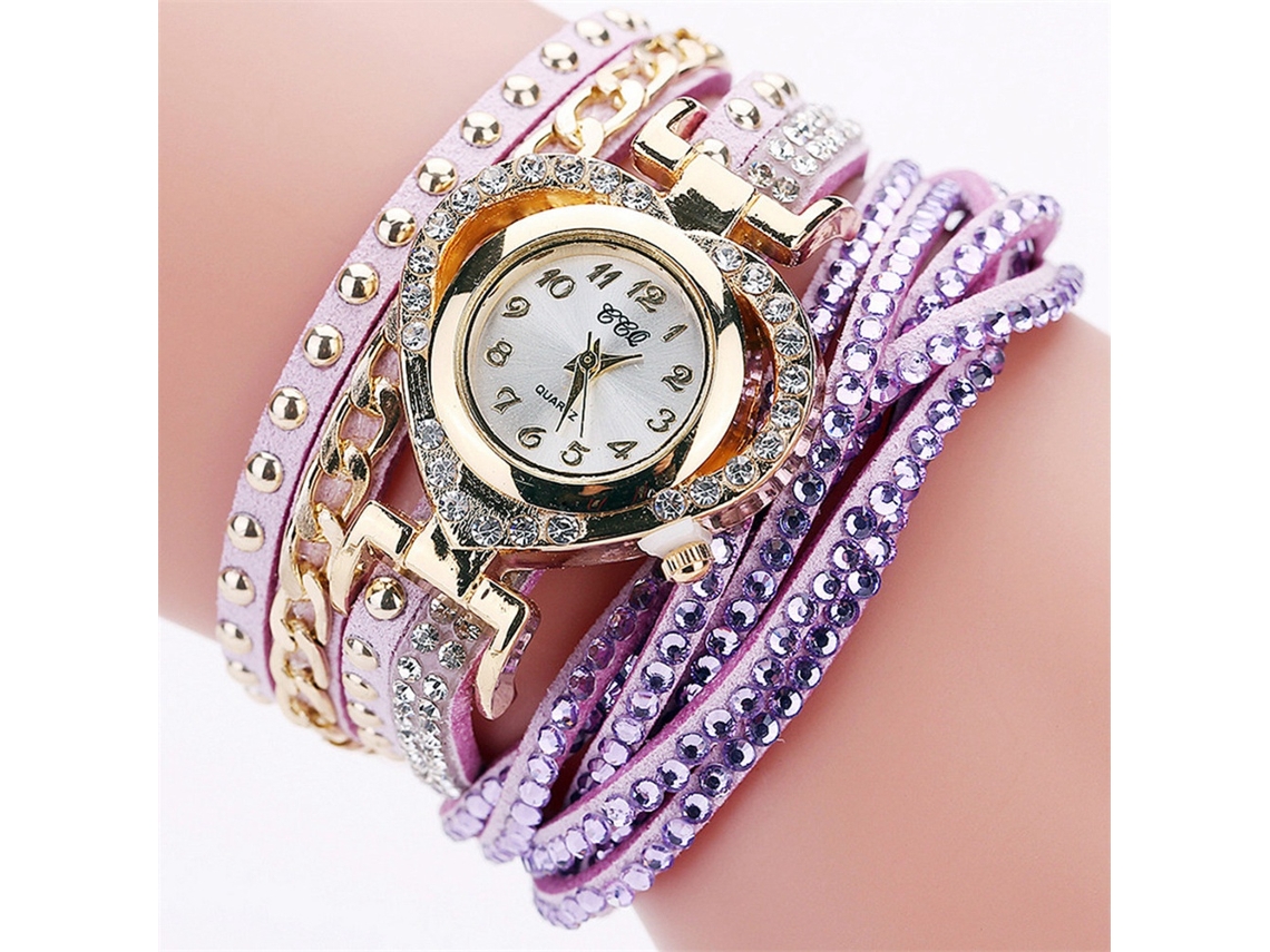 Relógio Pulseira Feminino Strass Coração Múltiplas Camadas Liga Quartzo Roxo
