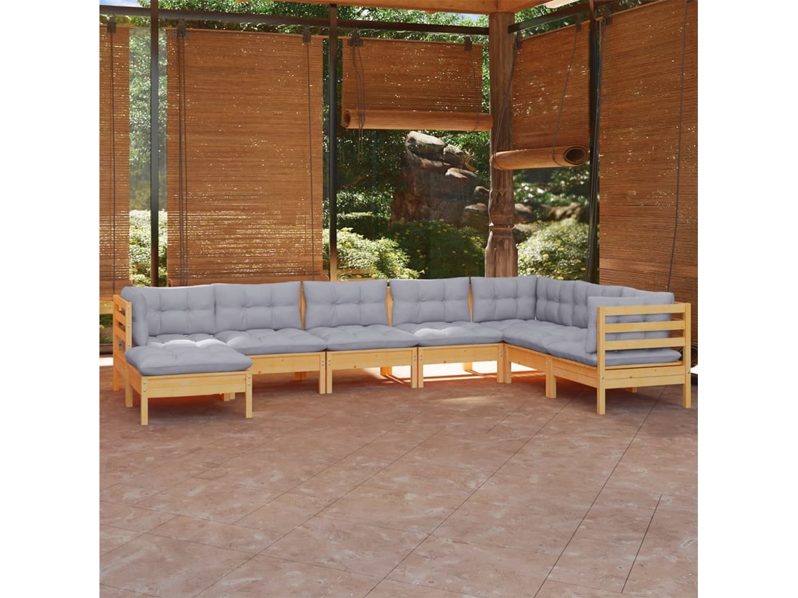 8 Pcs Conjunto Lounge De Jardim Almofadões Cinza Pinho Maciço Dkd Home Decor