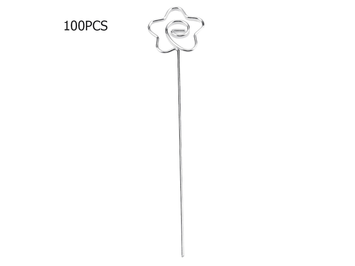 100 porta-fotos e bilhetes em formato de flores, feitos de arame metálico para papel e molduras.