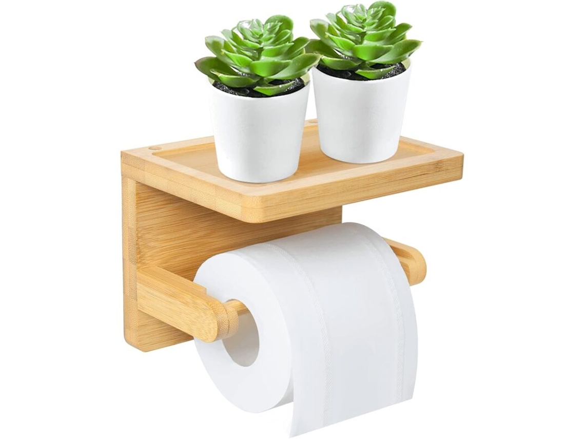 Suporte para Papel Higiênico, Suporte para Papel Higiênico Sem Furos, Suporte com Prateleira, Madeira para Banheiro, Vaso Sanitário BRILVIBERA