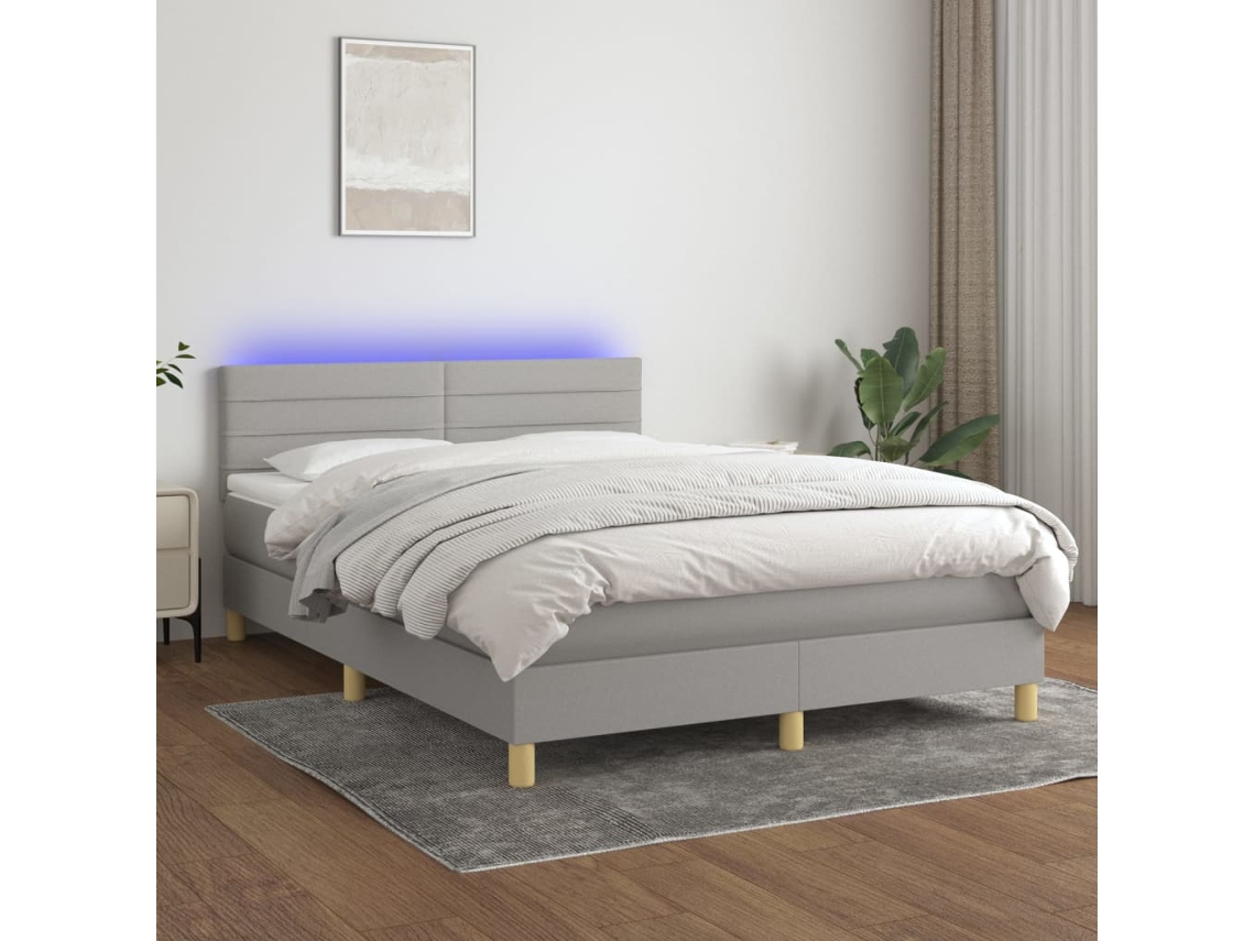 Cama Box Spring C/ Colchão E Led 140x190 Cm Tecido Cinza-claro