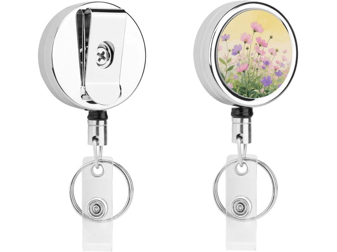 Porta Crachá Retrátil Moderno E Durável Em Metal Com Estampa Floral Em Aquarela Rosa E Roxa, Com Cordão De Nylon De 68cm