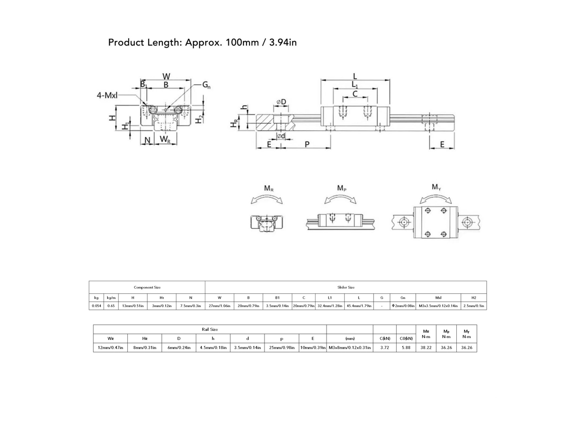 Rail Linear 100mm Com Bloco Estendido Para Cnc 3d