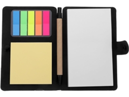 Caderno compacto com caneta e bolsos internos para folhas soltas, com abas coloridas e blocos de notas adesivas.