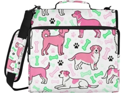 Organizador de Fichário 3 Argolas com Estampa Adorável Cachorrinho Rosa e Verde, Alça Mão Ombro Removível, Inc
