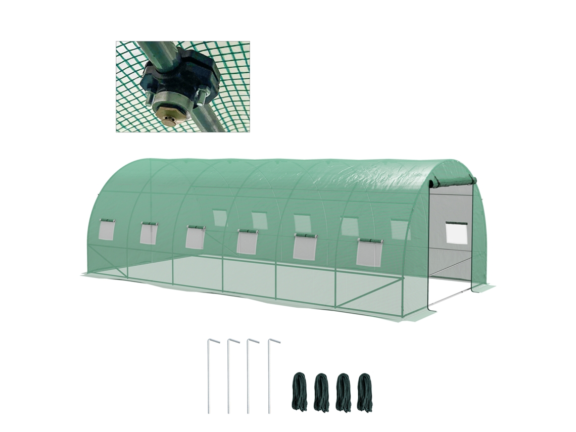 Estufa túnel 6x3x2m com rega integrada, 12 janelas rede, porta enrolável, verde | S/MARCA