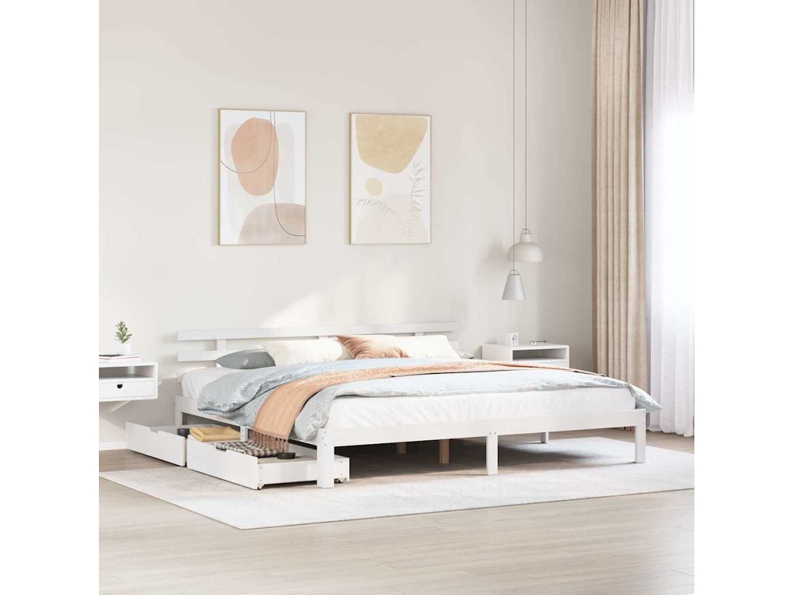 Vidaxl Estrutura De Cama C/ Gavetas 200x200 Cm Pinho Maciço Branco