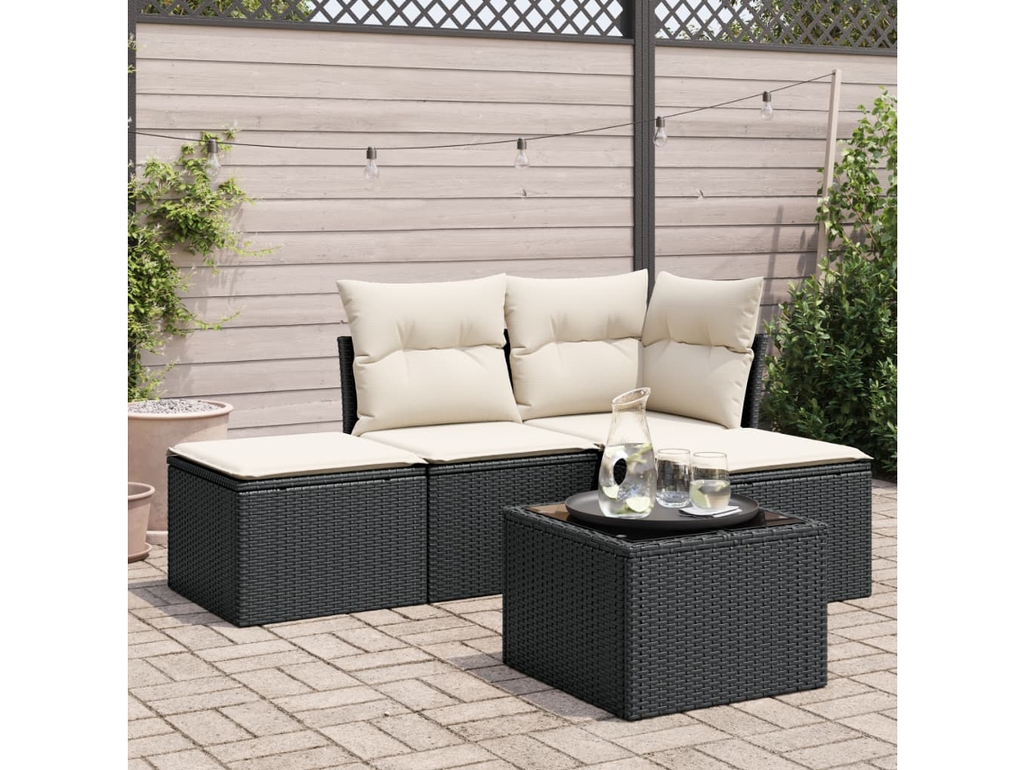 Vidaxl 5 Pcs Conjunto Sofás De Jardim Com Almofadões Vime Pe Preto
