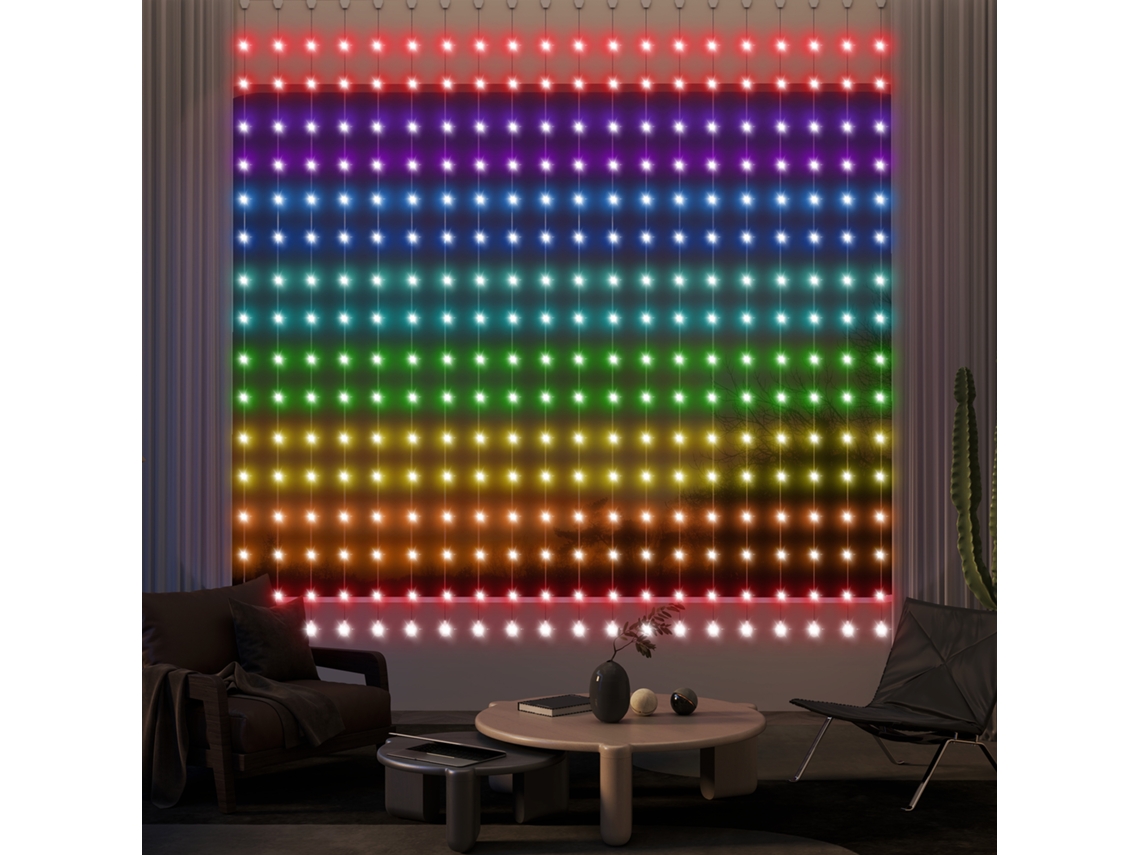 Cortina De Luzes 3x3 M De Led Inteligente Com 400 Rgbic Sincronização Com Música Controlo Remoto E App Efeitos De Cores Personalizáveis