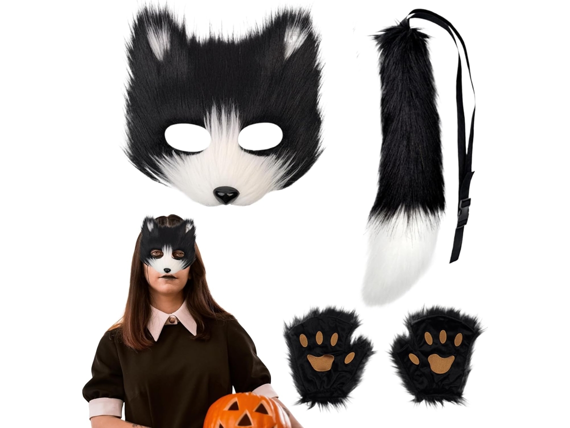 Conjunto De Máscara E Rabo De Raposa, Fantasia De Halloween Ajustável, Kit Com Rabo, Luvas, Patas E Vayotoy