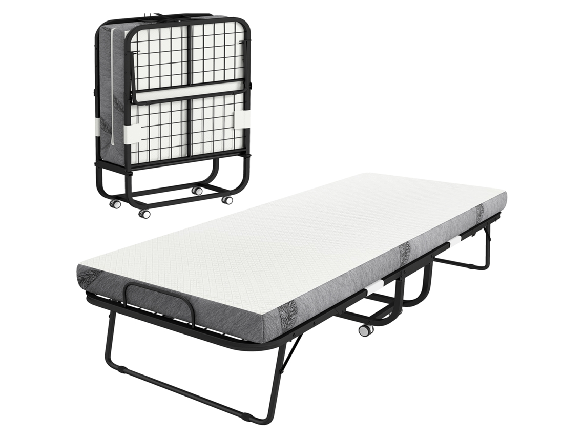 Cama Dobrável Campismo 200x90 Portátil Colchão Rodas Freios 150kg Branco