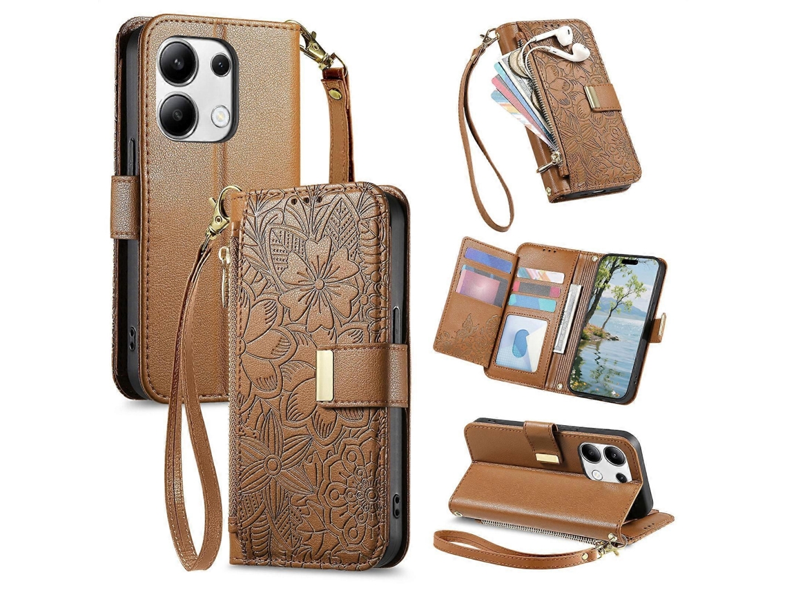 Capa Carteira De Couro Com Zíper, Estampa De Flores E Folhas, Com Alça, Para Redmi Note 13 Pro 5g.
