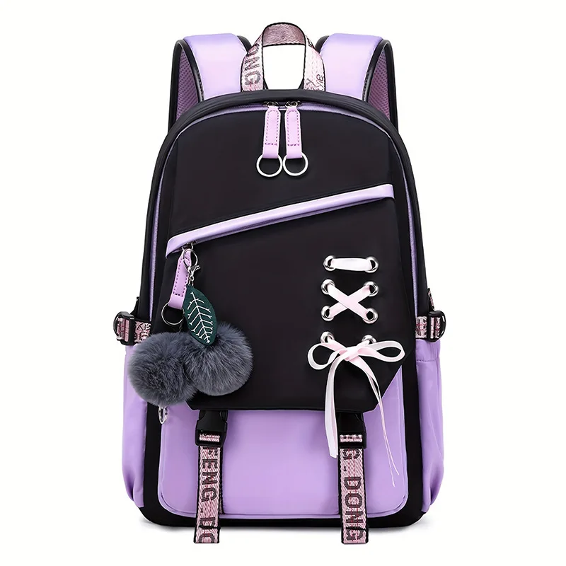 (327-roxo) Mochila Fofa Para Meninas Com Pingente De Pelúcia Colorido E Acessórios Estilosos.