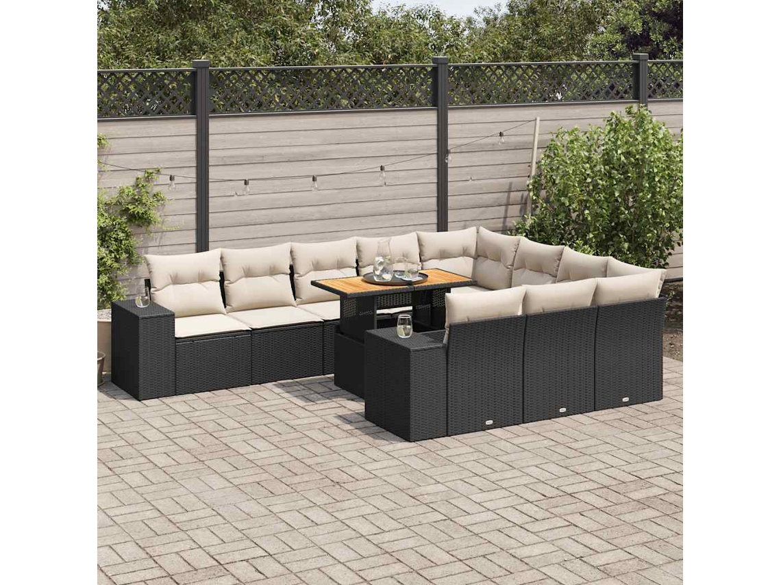 Vidaxl 10 Pcs Conjunto Sofás Jardim C/ Almofadões Vime Pe/acácia Preto