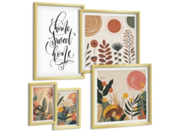 Pinturas Murais Modernas Padrões De Plantas, Sóis Grandes E Minimalistas Moldura Dourada Quadros Para O Escritório Espelharte (conjunto De 5 Imagens)