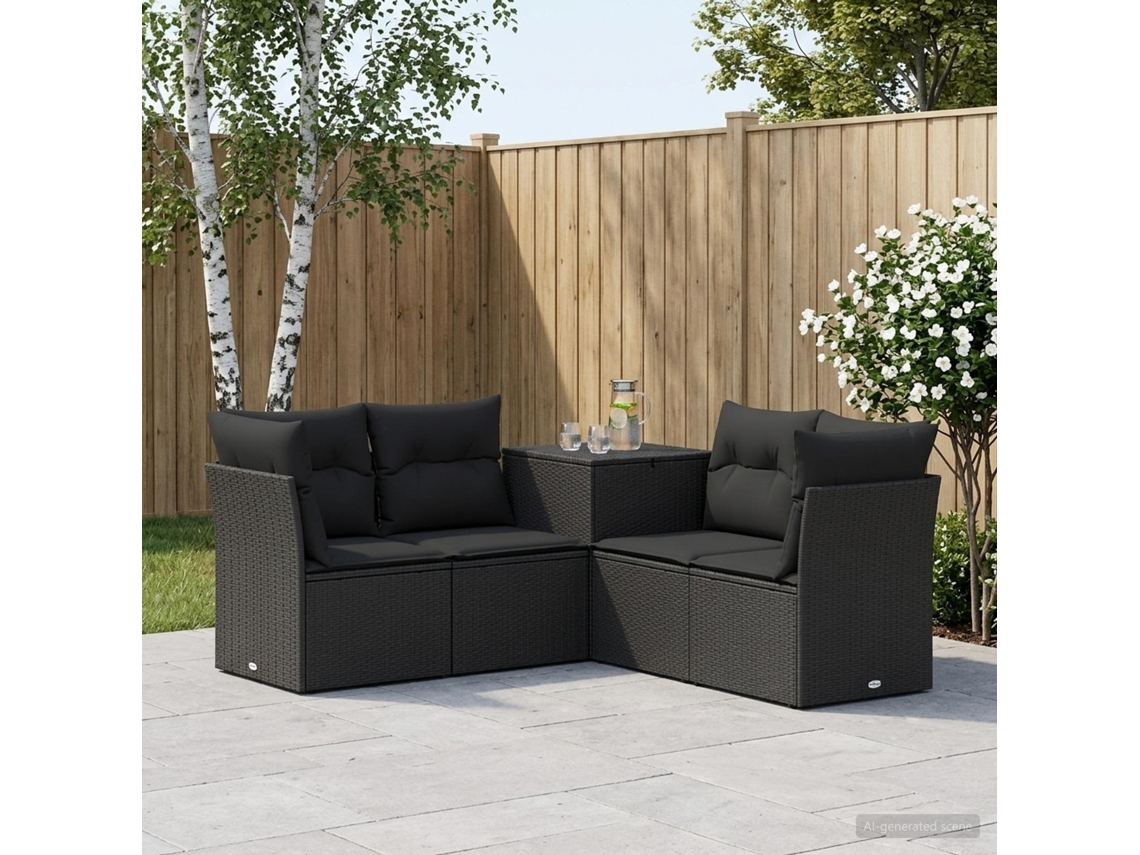 Vidaxl Conjunto De Sofás 5 Unid. Preto Rattan Poliéster E Aço