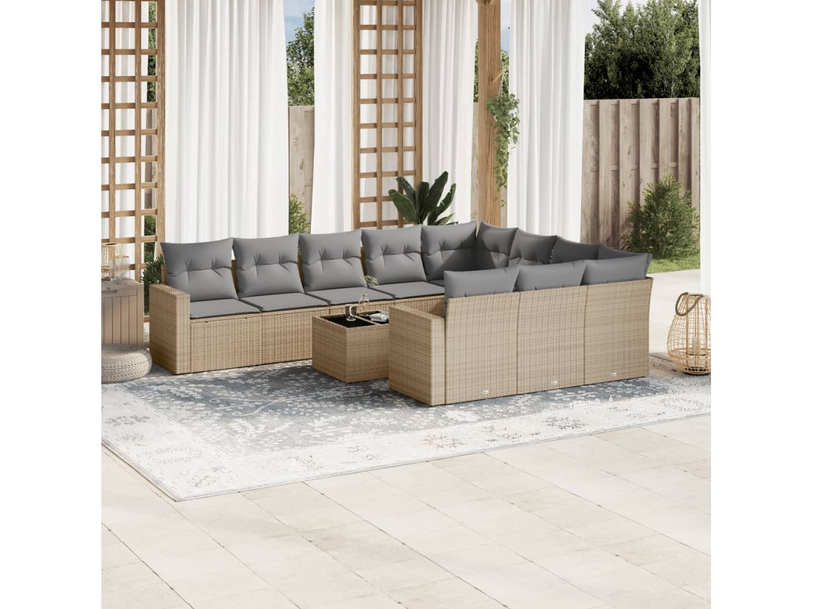 Vidaxl 11 Pcs Conjunto Sofás De Jardim C/ Almofadões Vime Pe Bege